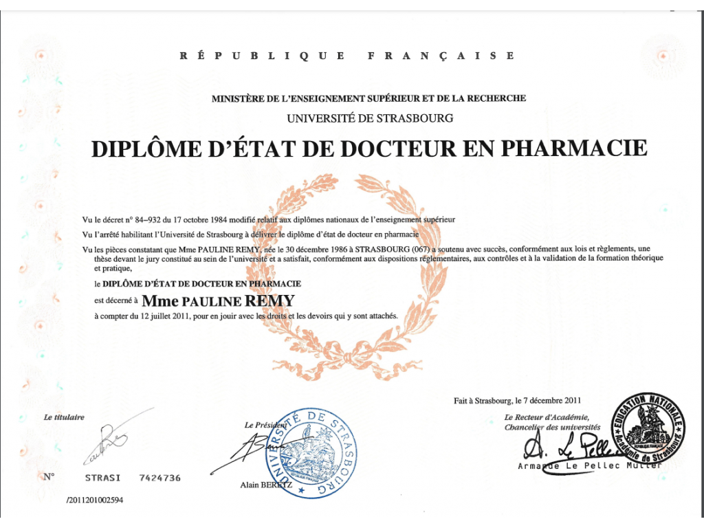 Formation chez : Université de pharmacie Strasbourg, pour : Doctorat en Pharmacie en 2011
