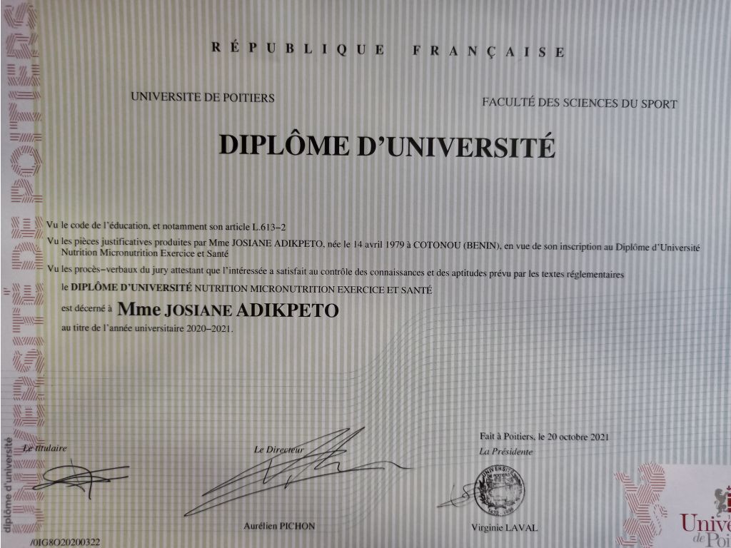 Formation chez : Université de Poitiers, pour : Diplôme Universitaire de Nutrition Micronutrition en 2021